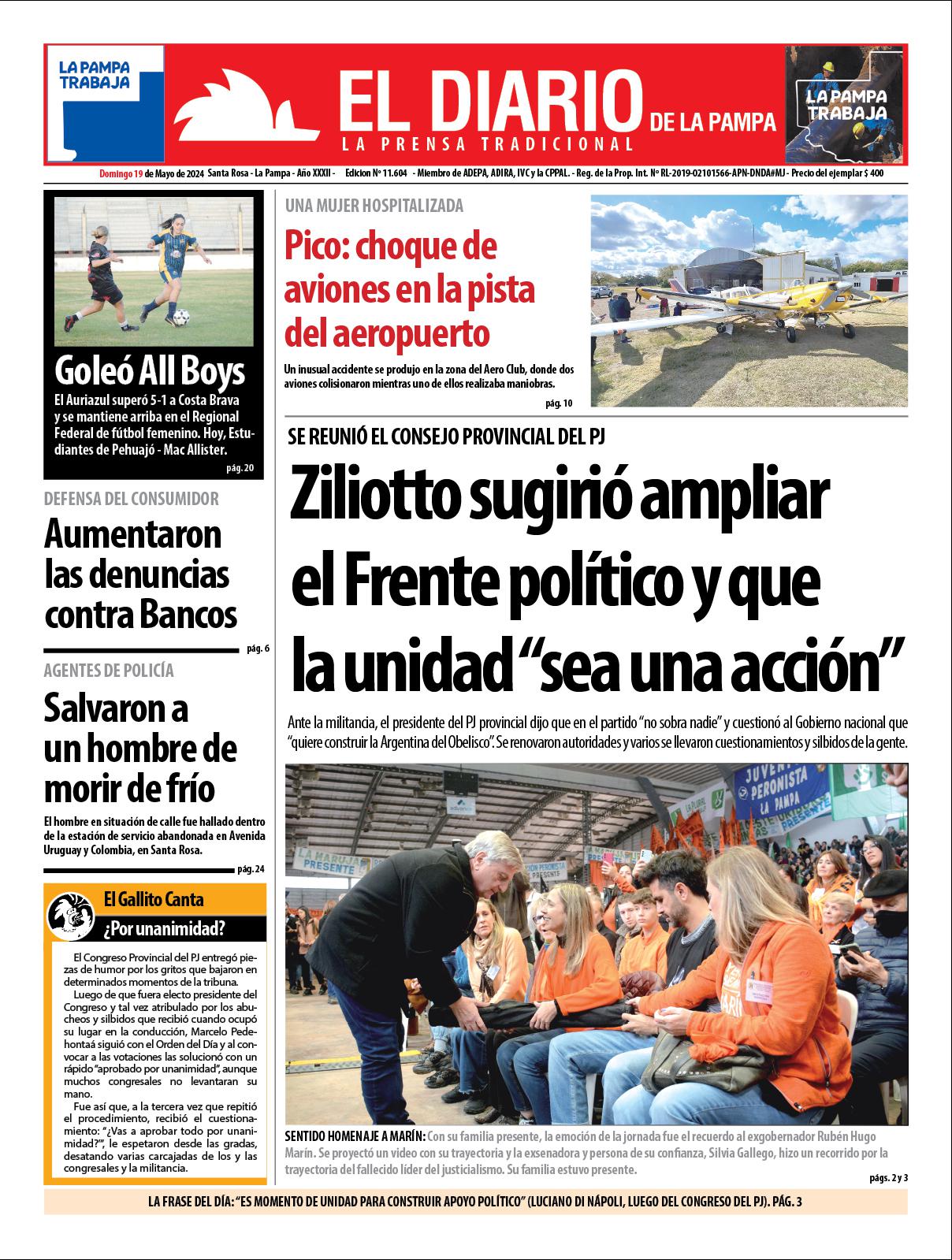 Tapa de El Diario en papel  domingo 19 de mayo de 2024